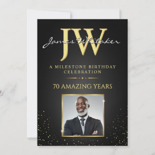 Custom Initials Invite, Black Gold Photo Birthday Invitation