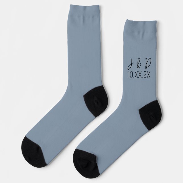 Custom Initials on Dusty Blue Wedding Socks (Left)