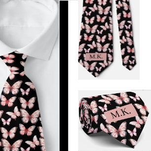 Custom Initials Pink Butterflies on Black Neck Tie