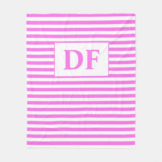 Custom Initials Pink/White Stripes Fleece Blanket (Front)