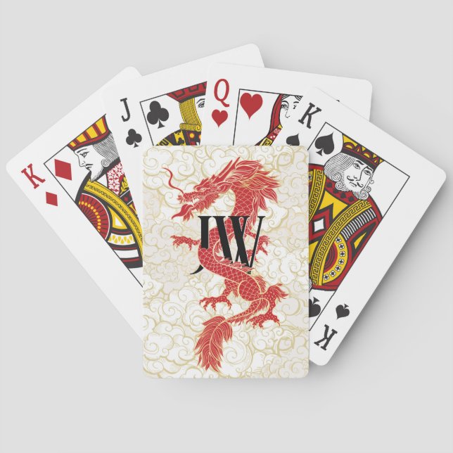 Custom Initials Playing Cards, Red Gold Dragon  Cards (Back)