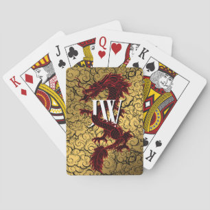 Custom Initials Playing Cards, Red Gold Dragon Cards