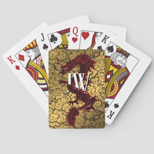 Custom Initials Playing Cards, Red Gold Dragon Playing Cards (Back)