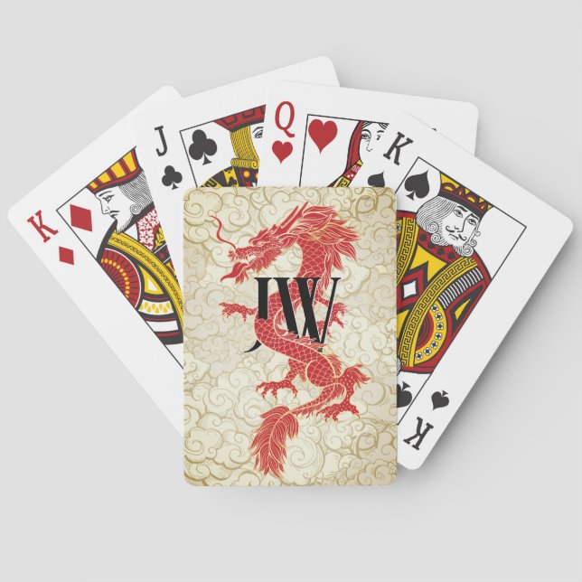 Custom Initials Playing Cards, Red Gold Dragon  Playing Cards (Back)