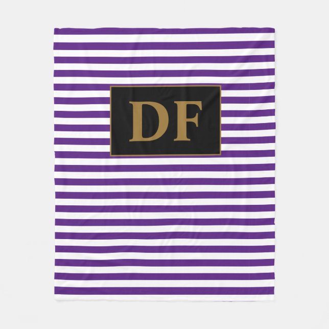 Custom Initials Purple/White Stripes Fleece Blanket (Front)