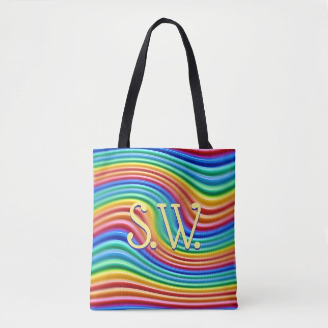 Custom initials Rainbow Pride Tote Bag. (Front)