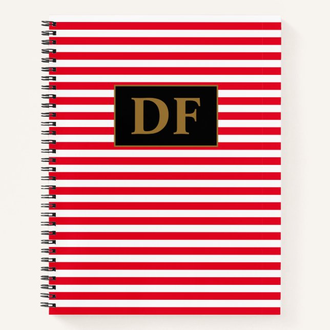 Custom Initials Red/White Stripes Notebook (Front)