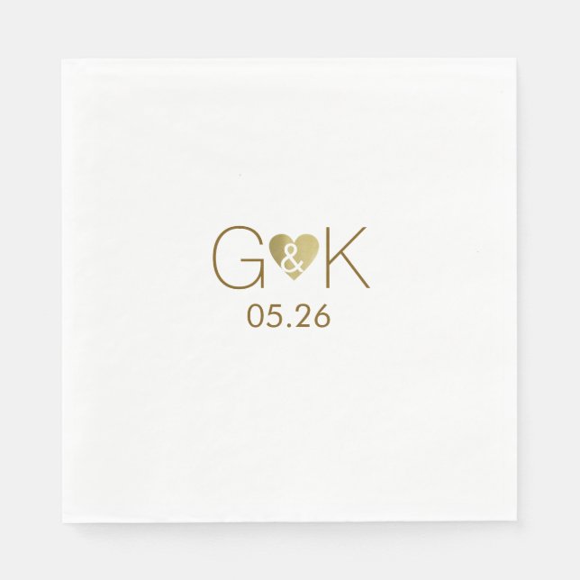 Custom initials with faux gold love heart, wedding napkin (Front)