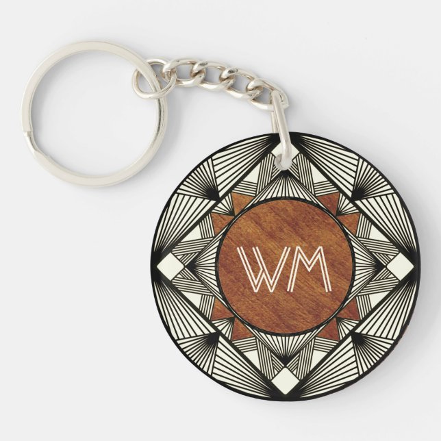 Custom Initials Wood Modern Rustic Farmhouse Chic  Key Ring (Front)