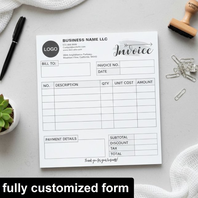 Custom invoice Form with Logo, Grey Small Business Notepad (add your logo receipt book, professional invoice template)