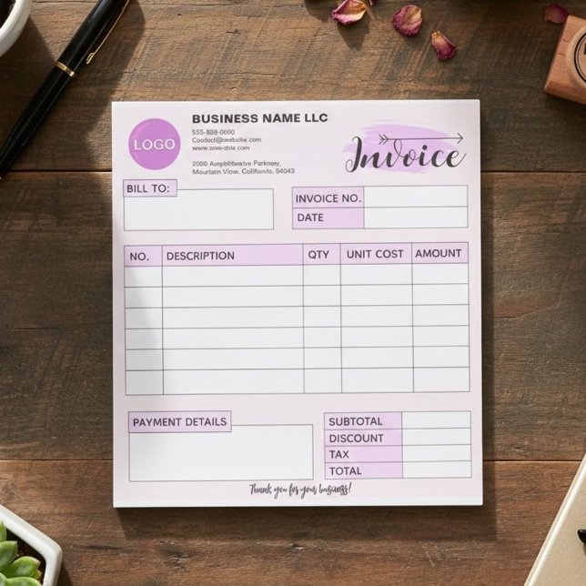 Custom invoice Form with Logo, Pink Small Business Notepad (aesthetic invoice template pink, girly business supplies, custom logo receipt tracker)
