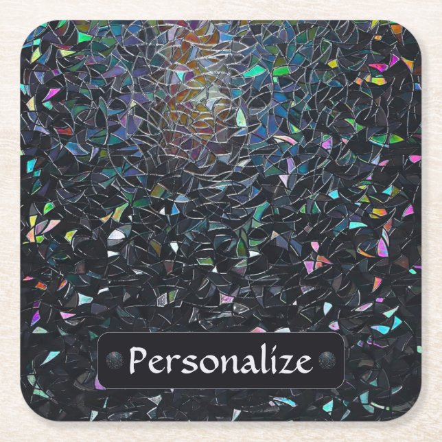 Custom Iridescent Abstract Stained Glass Pattern Square Paper Coaster (Front)