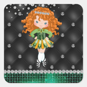 Custom Irish Dance Redhead Girl Green, Black Square Sticker