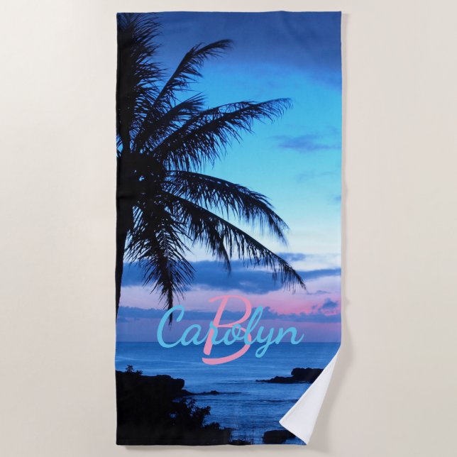 Custom Island Beach Pink Turquoise Blue Sunset Towel (Front)