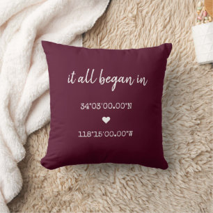 Custom It All Began Coordinates Burgundy Valentine Cushion