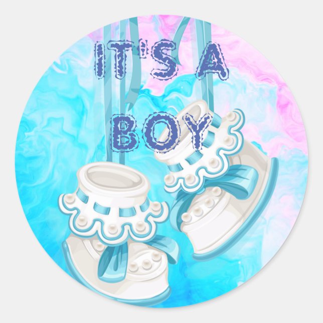 Custom IT'S A BOY Baby Gender Reveal Stickers Blue Classic Round Sticker (Front)