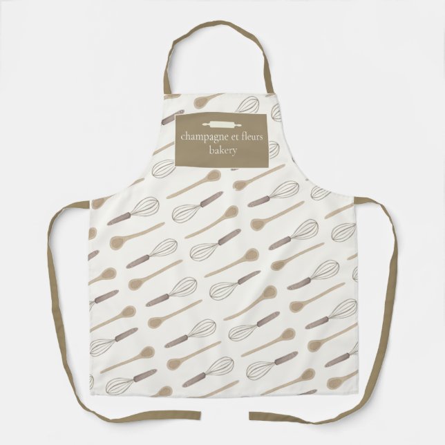 Custom ivory taupe whisk & Spoon Bakery Name Staff Apron (Front)
