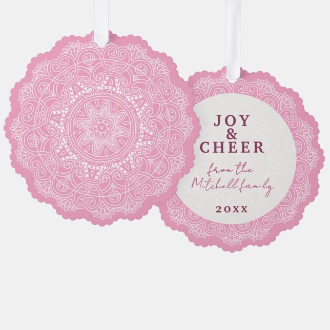 Custom Ivory White Mandala Wreath On Pink Tree Decoration Card (Front/Back)