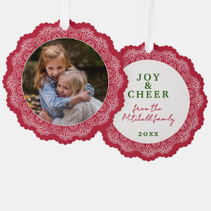 Custom Ivory White Mandala Wreath On Red Tree Decoration Card