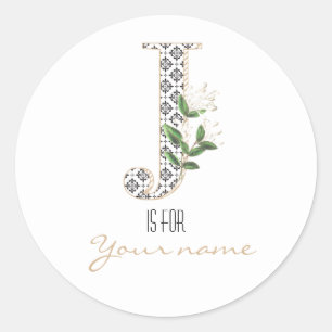 Custom J Name Floral Flower Classy Letter J Modern Classic Round Sticker
