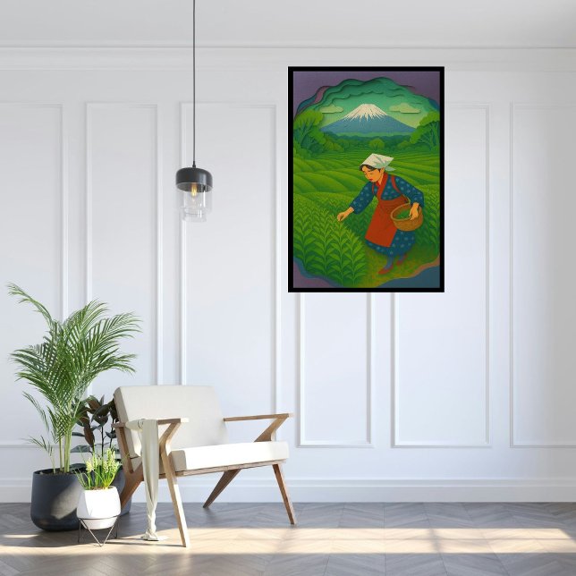 Custom Japan Travel Landscape Aesthetic Mt.Fuji  Poster (Tea field and Mt. Fuji in Shizuoka, japan.  Paper cutting style art.)