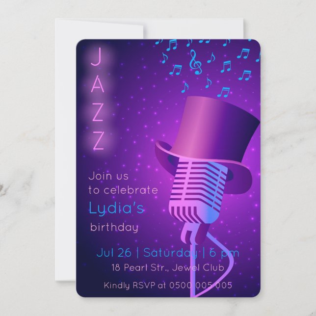 Custom Jazz Club Birthday Invitation (Front)