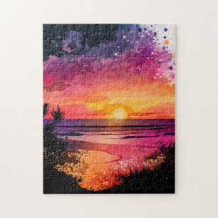 Custom Jigsaw Puzzle Watercolor Beach Sunset