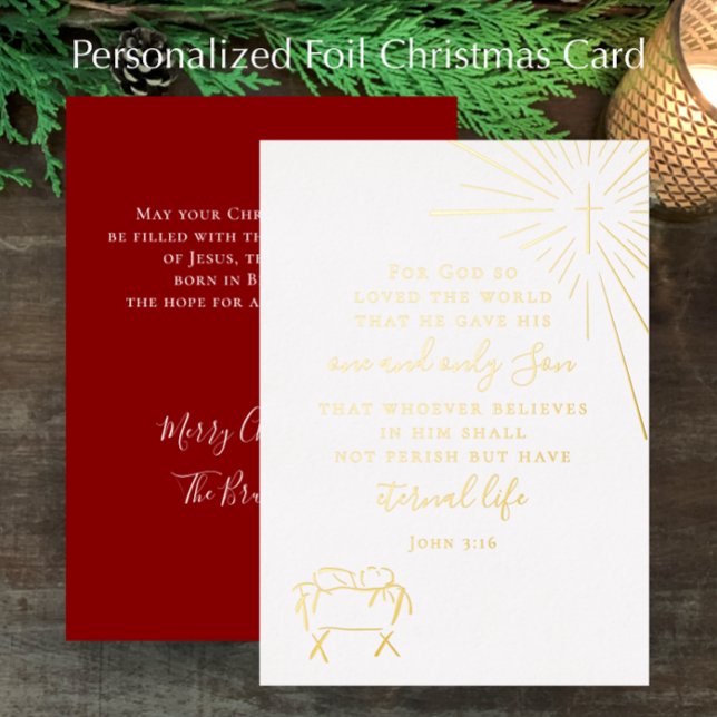 Custom John 3:16 Original Nativity Christmas Gold (John 3:16 Christian Bible verse Christmas card with gold foil elegant custom script. Nativity & star)