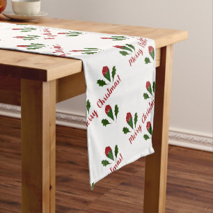 Custom Jolly Abstract Red Roses & Holly Holiday Long Table Runner