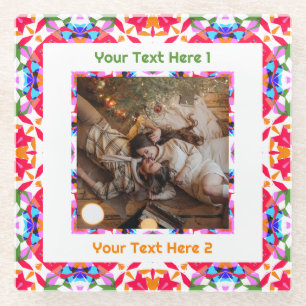 Custom Jolly Christmas Fun Red Blue Photo Greeting Glass Coaster