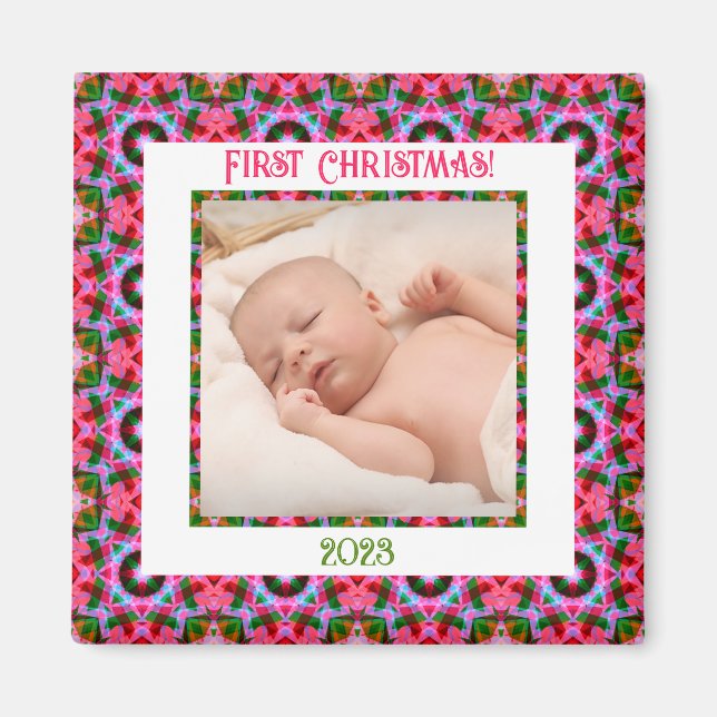 Custom Jolly Festive Christmas Pink Photo Picture Magnet (Front)
