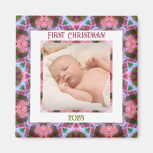 Custom Jolly Festive Christmas Pink Photo Picture Magnet