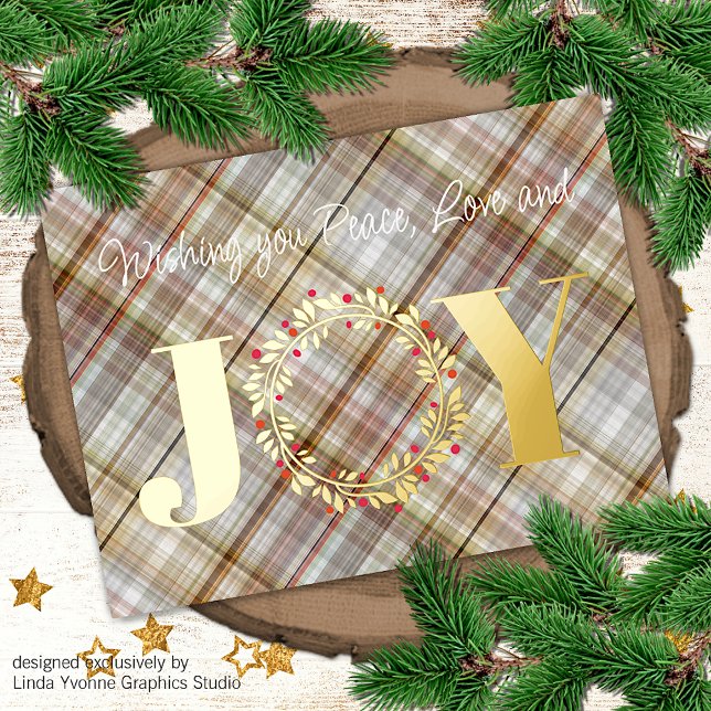 Custom Joy Peace Love Red Holly Berries Foliage Foil Holiday Postcard (Creator Uploaded)