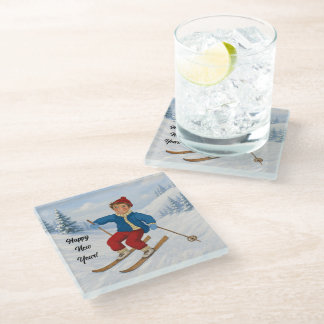 Custom Joyful Skier Glass Coaster