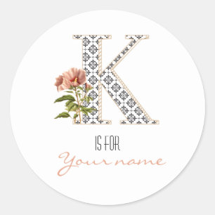 Custom K Name Floral Flower Classy Letter K Modern Classic Round Sticker
