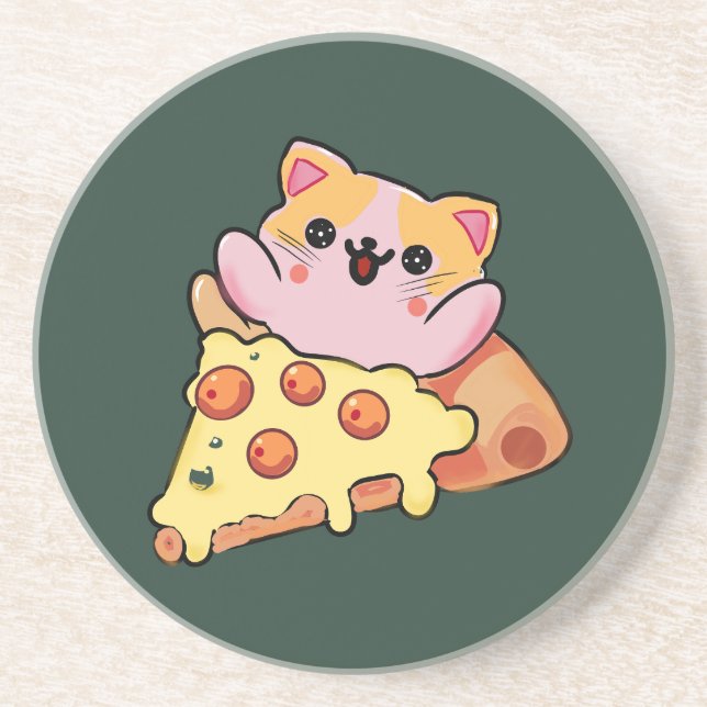 Custom Kawaii Cat Hugging Pepperoni Pizza Cartoon Coaster (Front)