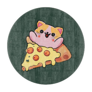 Custom Kawaii Cat Hugging Pepperoni Pizza Cartoon Cutting Board