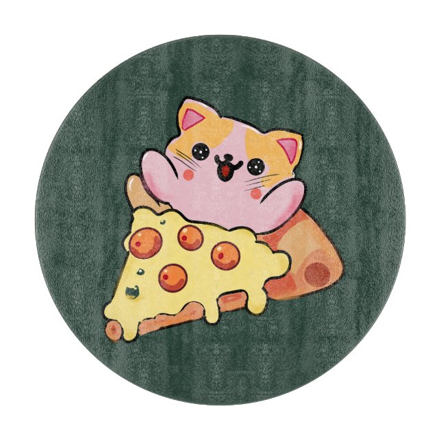 Custom Kawaii Cat Hugging Pepperoni Pizza Cartoon Cutting Board (Front)