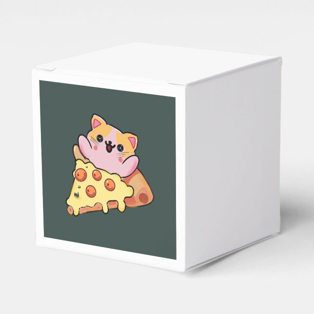 Custom Kawaii Cat Hugging Pepperoni Pizza Cartoon Favour Box (Front Side)