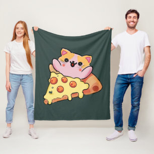 Custom Kawaii Cat Hugging Pepperoni Pizza Cartoon Fleece Blanket