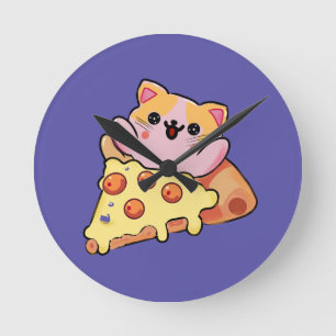 Custom Kawaii Cat Hugging Pepperoni Pizza Cartoon Round Clock
