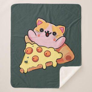 Custom Kawaii Cat Hugging Pepperoni Pizza Cartoon Sherpa Blanket