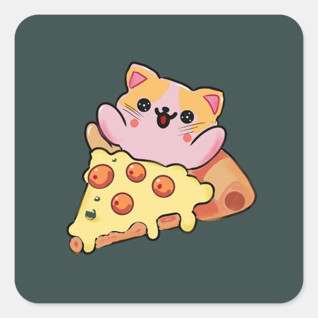 Custom Kawaii Cat Hugging Pepperoni Pizza Cartoon Square Sticker (Front)