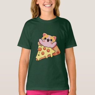 Custom Kawaii Cat Hugging Pepperoni Pizza Cartoon T-Shirt