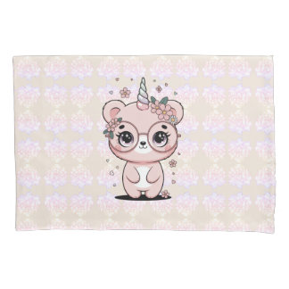 Custom Kawaii Unicorn Bear Face Floral Glasses Pillowcase