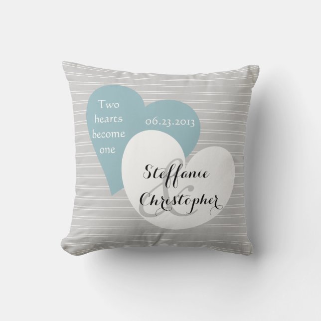 Custom Keepsake Wedding, Grey Pinstripe, Hearts Cushion (Front)