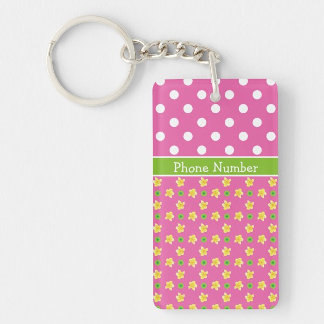 Custom Keychain: Primroses and Polkas on Deep Pink Key Ring (Front)