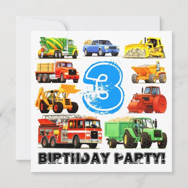 Custom Kid's 3rd Birthday Construction Truck Party Invitation (Front)