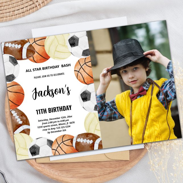 Custom Kids All-Star Party Invite (Sports Birthday Invitations with photo)