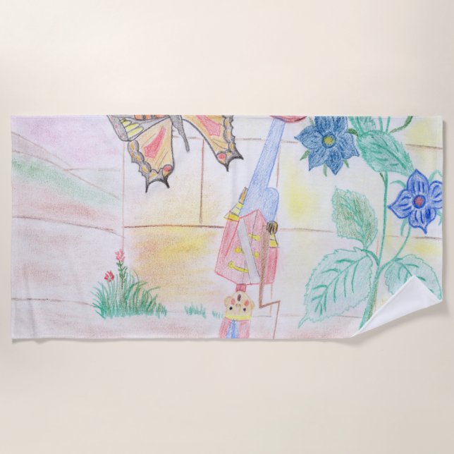 Custom Kids Artwork, Nutcracker toy, butterfly,  Beach Towel (Front)